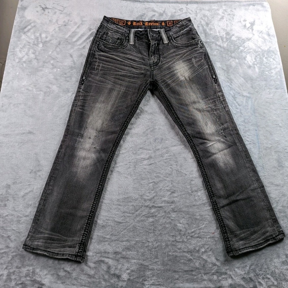 Rock Revival Jeans Men 33x29 Gray Orlando Straight Distressed Embroidery Gothic